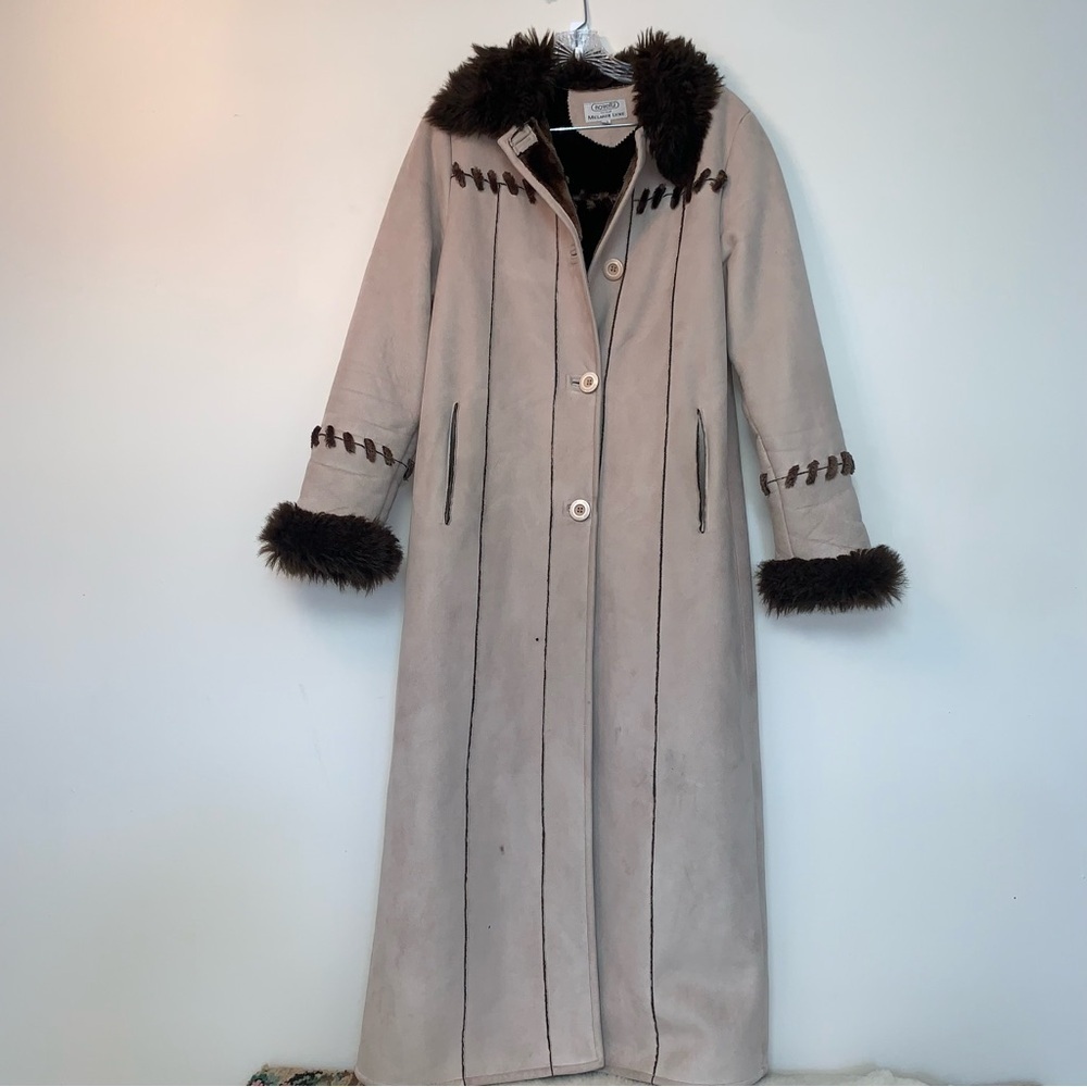 Vintage Penny Lane Coat Novelti 90s Y2K Beige Faux Fur Faux Suede Maxi S